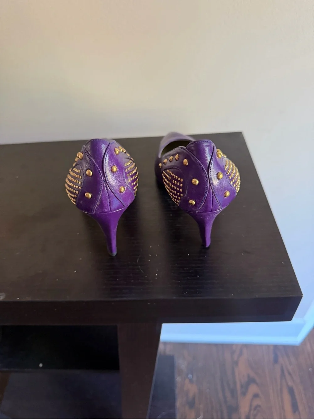 Proxy purple pointed-toe high heels with gold-tone stud embellishments